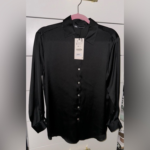 Zara Satin Effect Marsala button down shirt - in BLACK, size S small - Picture 1 of 4
